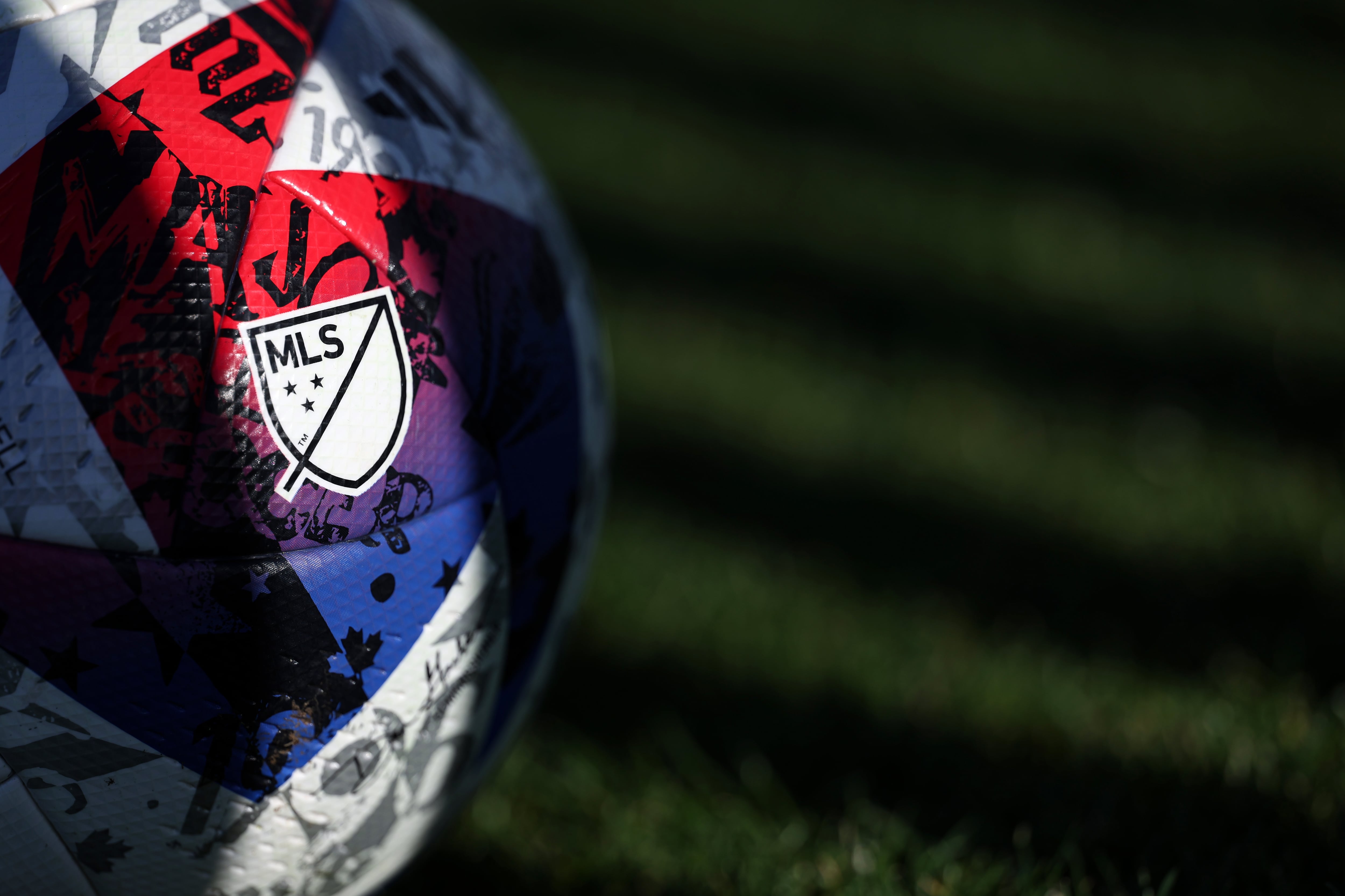 INDIO, CA - FEBRUARY 06:  A general detail view of the MLS logo on the Adidas White 2023 MLS Speedshell Pro Ball during the MLS Pre-Season 2023 Coachella Valley Invitational match between D.C. United v LAFC at Empire Polo Club on February 6, 2023 in Indio, California. (Photo by Matthew Ashton - AMA/Getty Images)