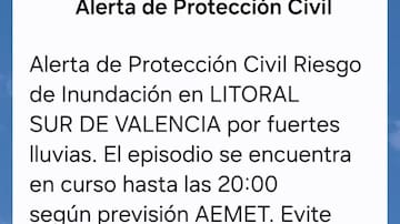 Emergencias envía un ES-Alert a la población del litoral sur de Valencia por las fuertes lluvias: la AEMET activa el aviso rojo hasta las 19:00