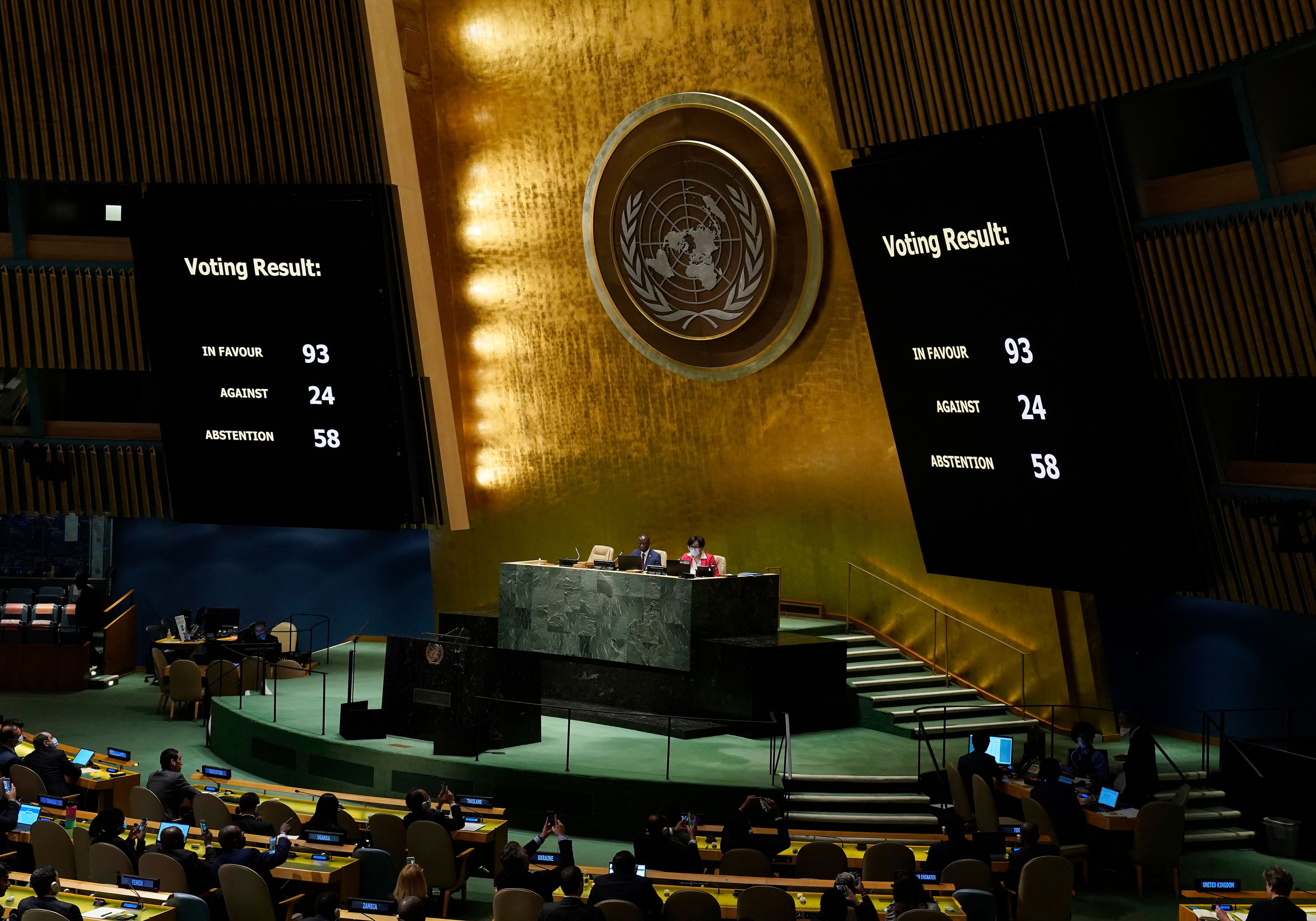 Momento de la votación sobre la expulsión de Rusia del Consejo de Derechos Humanos