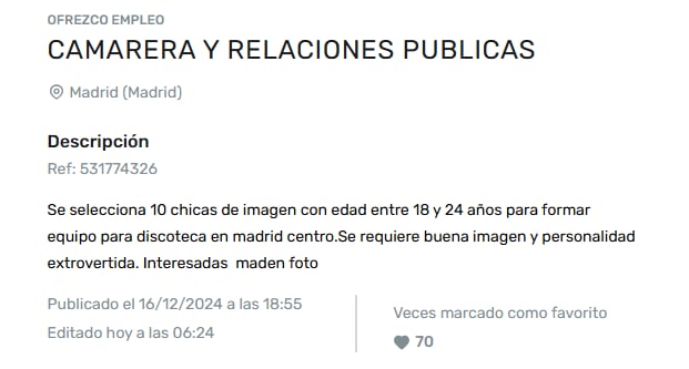 Anuncio de trabajo de camarera y relaciones públicas en la página Milanuncios.