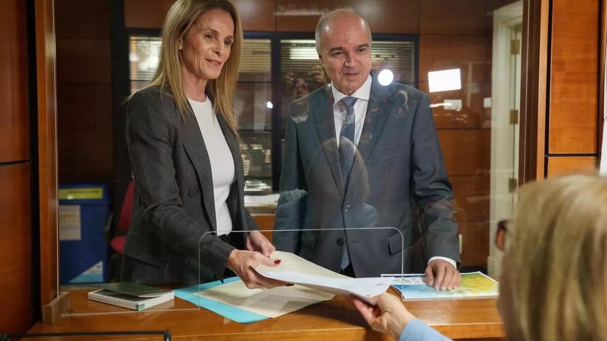 Los diputados del grupo Nacionalista Canario y del Partido Popular, José Alberto Díaz-Estébanez (d) y Luz Reverón, respectivamente, registrando este miércoles en el Parlamento de Canarias una propuesta de comisión para investigar la compra de material sanitario durante la pandemia / EFE