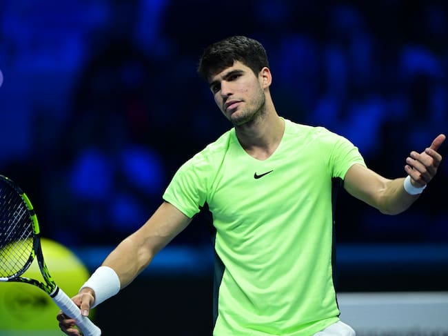 Spain's Carlos Alcaraz reacts during the semi-final match against Serbia's Novak Djokovic at the ATP Finals tennis tournament in Turin on November 18, 2023. (Photo by Tiziana FABI / AFP) (Photo by TIZIANA FABI/AFP via Getty Images)