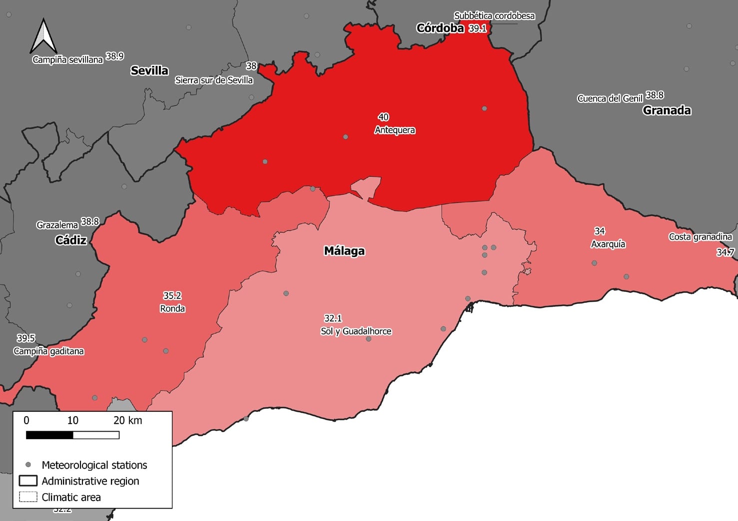 Mapa de temperaturas a las que se disparan las muertes por ola de calor en la provincia de Málaga, elaborado por el Instituto de Salud Carlos III.