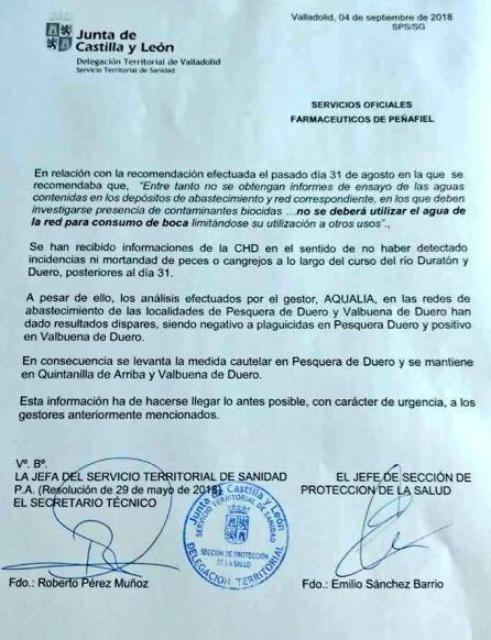 El comunicado emitido por el Servicio Territorial de Sanidad.