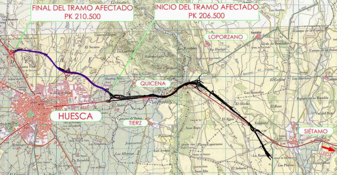 Mapa de la carretera N-240 con el desvío marcado