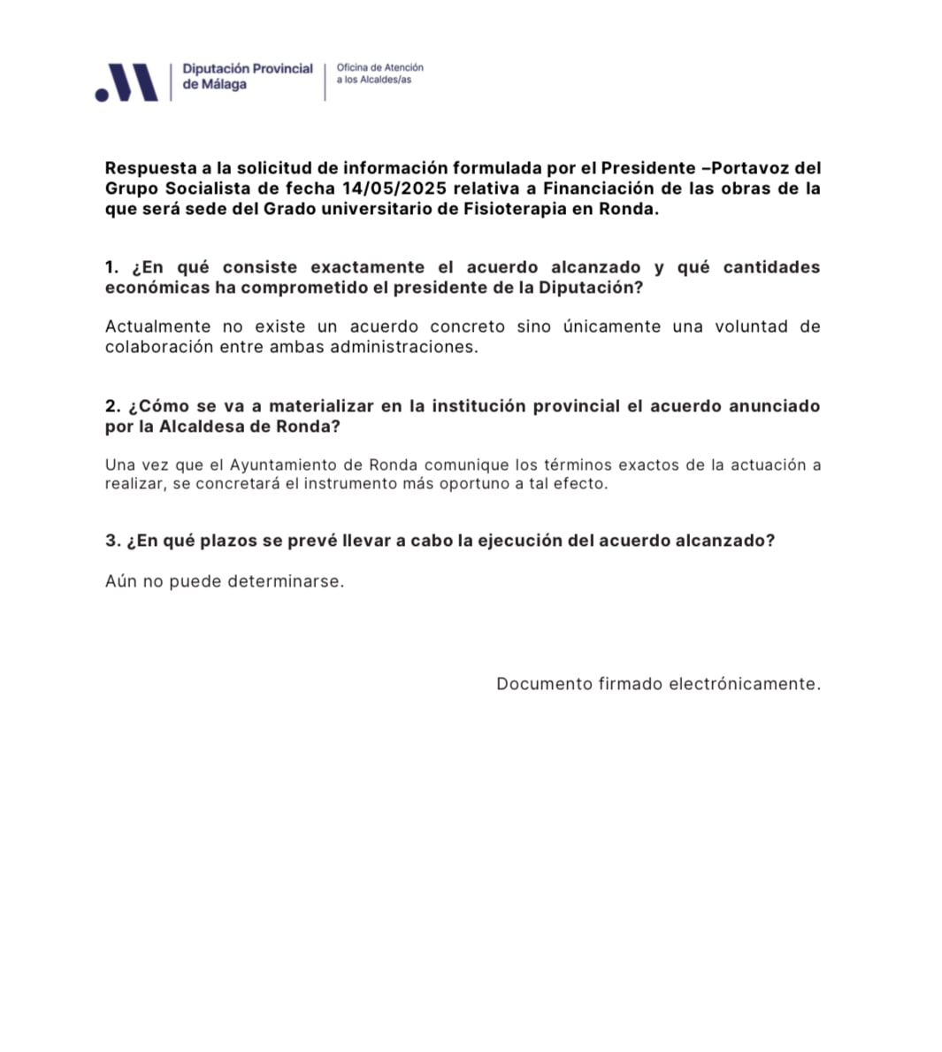 Respuesta de la Diputación de Málaga a las preguntas formuladas por el PSOE de Ronda