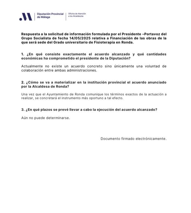 Respuesta de la Diputación de Málaga a las preguntas formuladas por el PSOE de Ronda