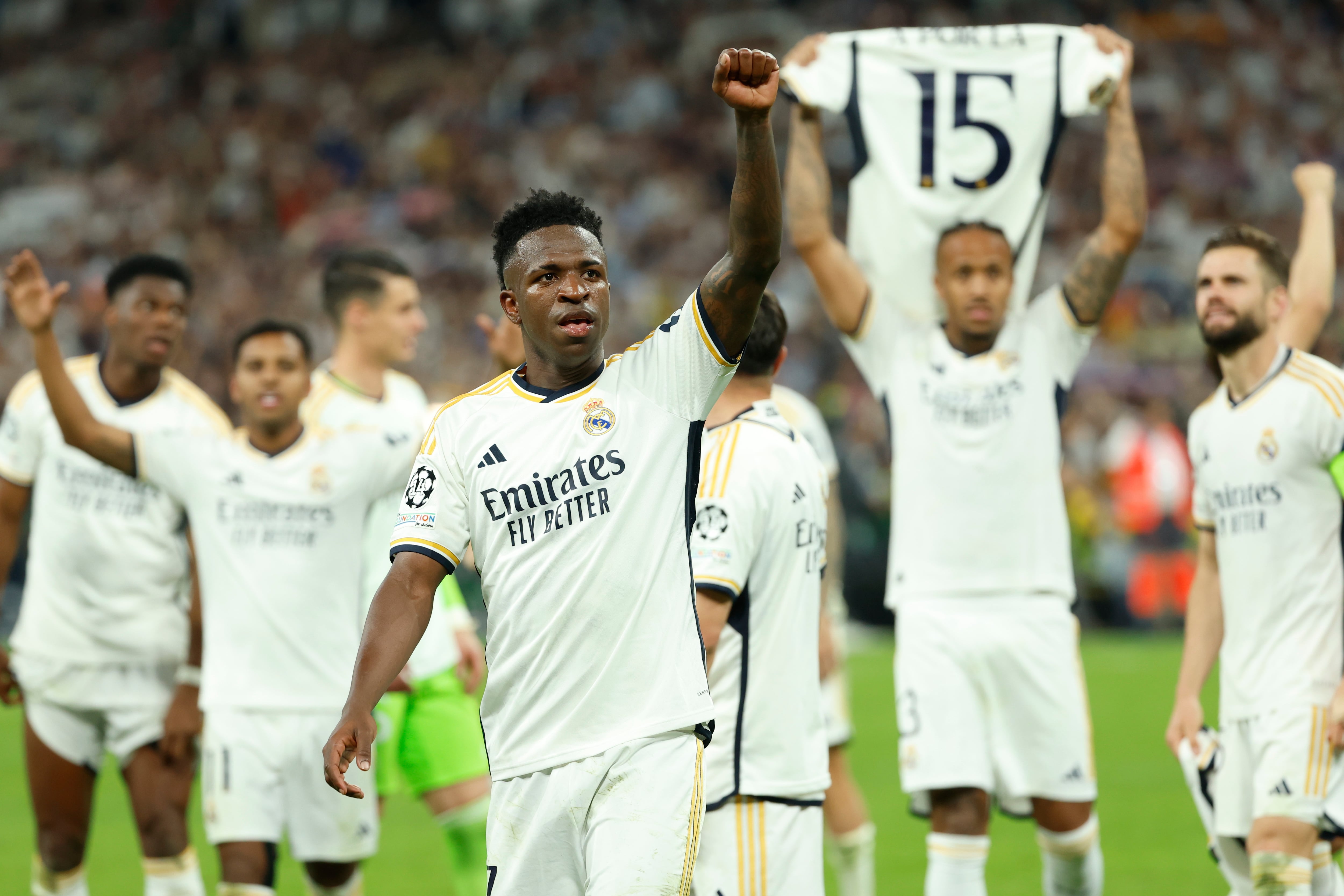 El delantero brasileño del Real Madrid, Vinicius Junior, a la finalización del encuentro correspondiente a la vuelta de las semifinales de la Liga de Campeones contra el Bayern de Munich