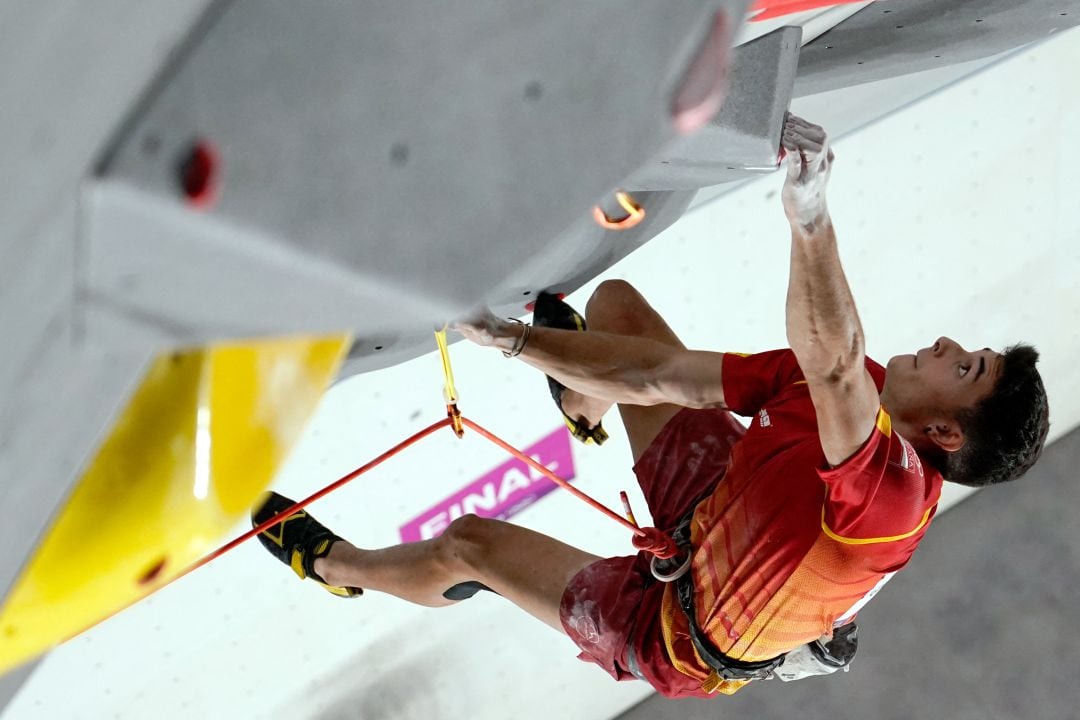 In this overview image gold medallist Spain&#039;s Alberto Gines Lopez competes in the men&#039;s sport climbing lead final during the Tokyo 2020 Olympic Games at the Aomi Urban Sports Park in Tokyo on August 5, 2021