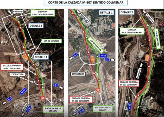 Detalle del desvío del tráfico por los cortes en la M-607