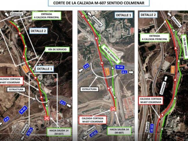 Detalle del desvío del tráfico por los cortes en la M-607