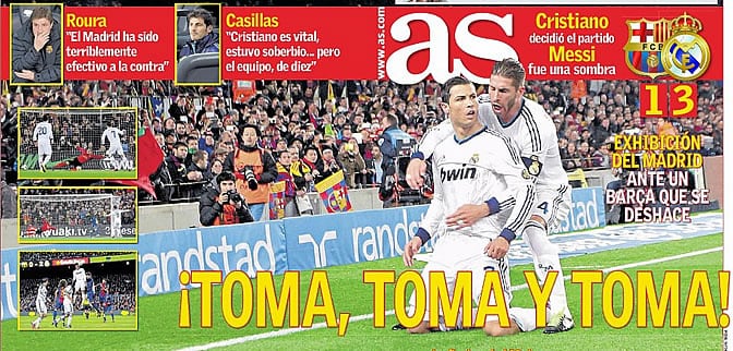 Portada doble del diario AS un día después del triunfo del Real Madrid en el Camp Nou