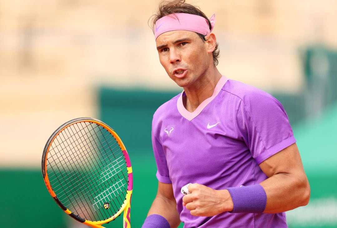 ..MONTE-CARLO, MONACO - APRIL 14: Rafael Nadal of Spain celebrates a point during their Round 32 match against Federico Delbonis of Argentina during day four of the Rolex Monte-Carlo Masters at Monte-Carlo Country Club on April 14, 2021 in Monte-Carlo, Mo