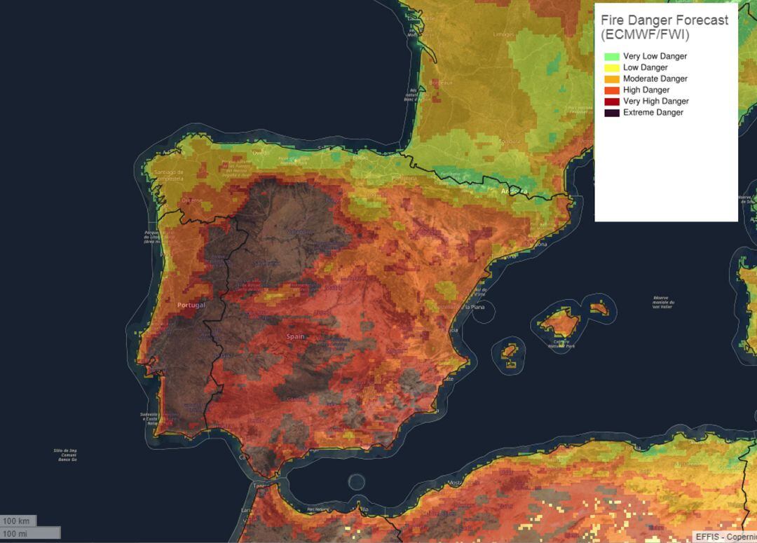 Previsión de incendio forestal para el domingo, 2 de junio, del sistema Copernicus de la Unión Europea