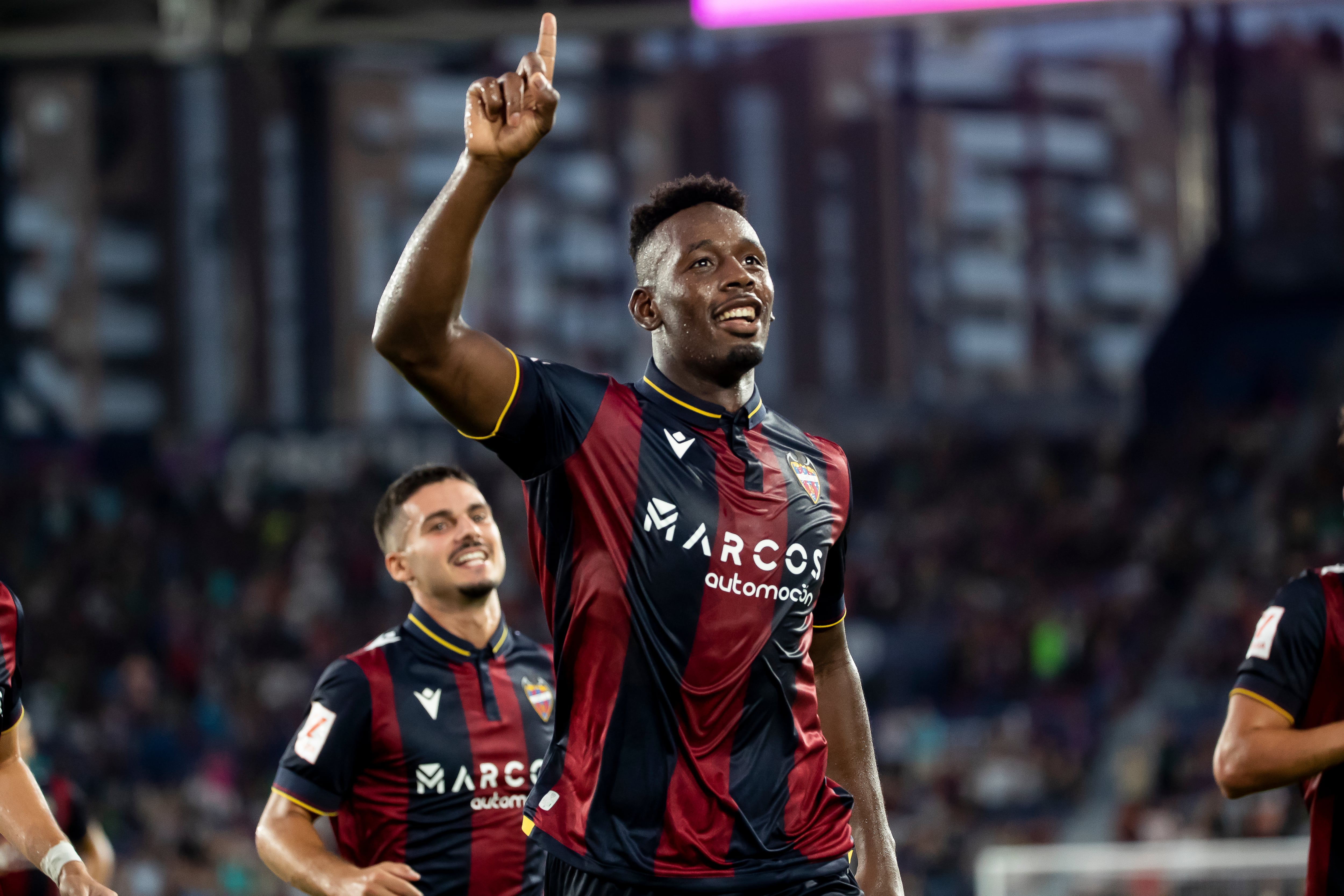 Mohamed Bouldini  of Levante UD celebrate after scoring the 3-2 goal with his teammate       during     Spanish Segunda Division   match between Levante UD  and Burgos CF  at Ciutat de Valencia   Stadium on August  19, 2023. (Photo by Jose Miguel Fernandez/NurPhoto via Getty Images)