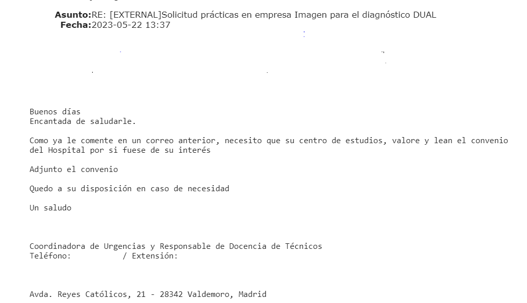 Imagen del correo electrónico enviado por el Hospital Infanta Elena informando del convenio de pago por las prácticas.