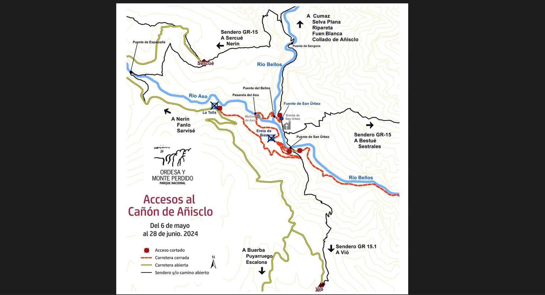 Mapa de los accesos al cañón de Añisclo: Foto: Parque Nacional de Ordesa y Monte Perdido