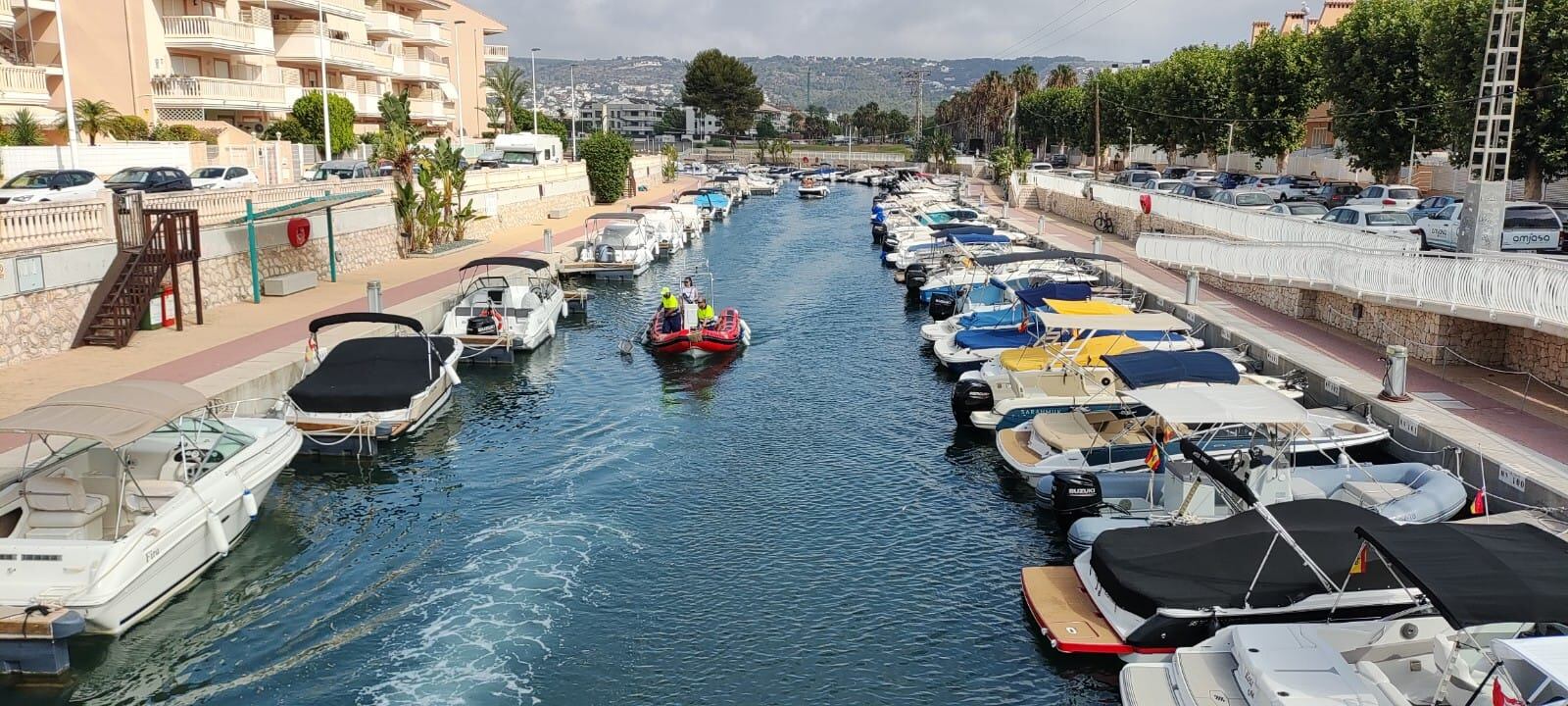 Embarcación en el Canal Fontana recogiendo peces muertos.