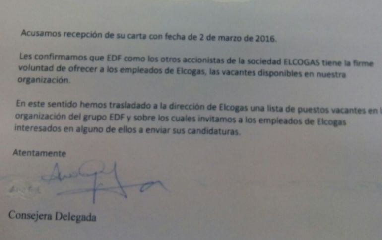 Extracto del documento remitido por EDF a los sindicatos de Elcogas