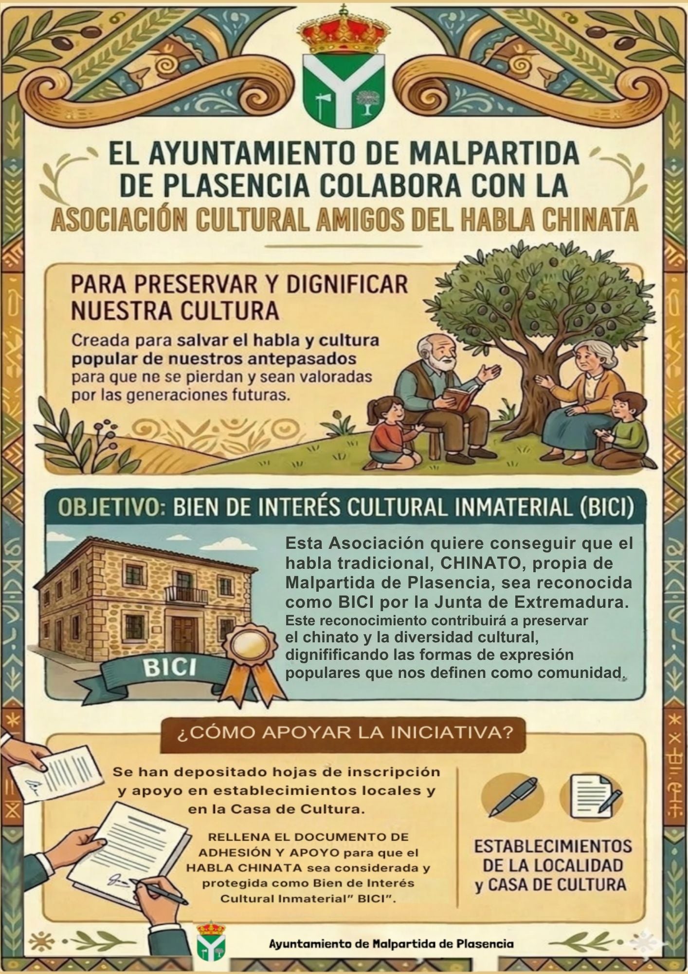 Este es el cartel de la campaña de adhesión a la petición para que se declare como BICI el habla chinata. /Ayto. Malpartida de Plasencia