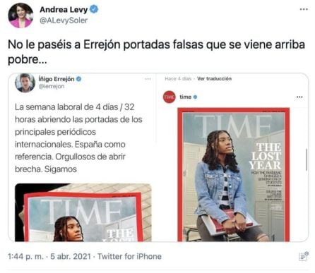 Captura de pantalla del mensaje que Andrea Levy ha borrado de su cuenta de Twitter.