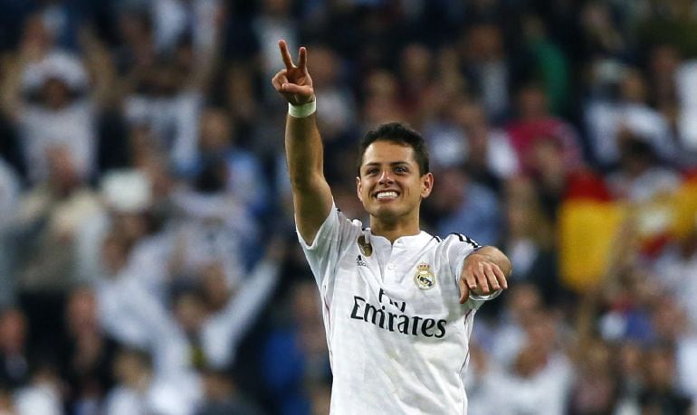 GRA672. MADRID, 22/04/2015.- El delantero mexicano del Real Madrid, Javier Hernández &quot;Chicharito&quot;, celebra el primer y único gol del equipo blanco, durante el encuentro correspondiente a la vuelta de los cuartos de final de la Liga de Campeones, que han d