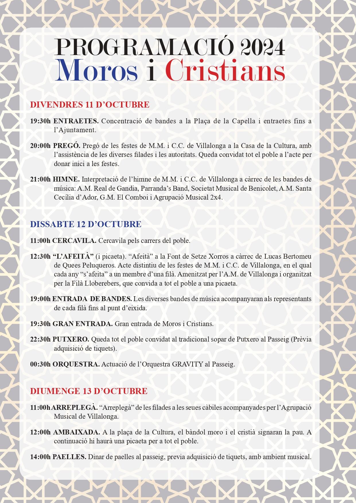 Programa de actividades &#039;Moros i Cristians&#039; Villalonga