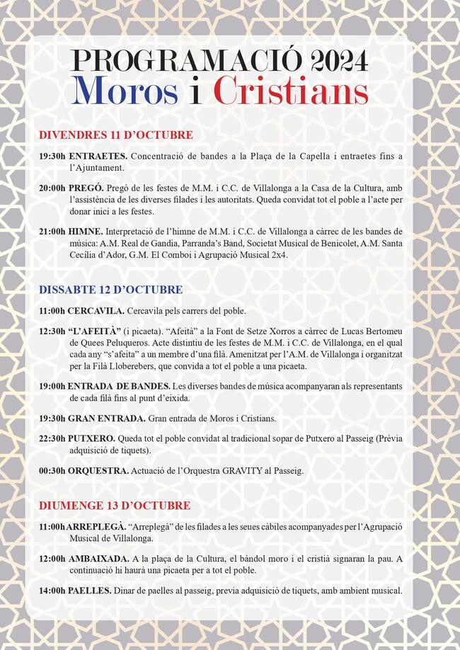 Programa de actividades 'Moros i Cristians' Villalonga