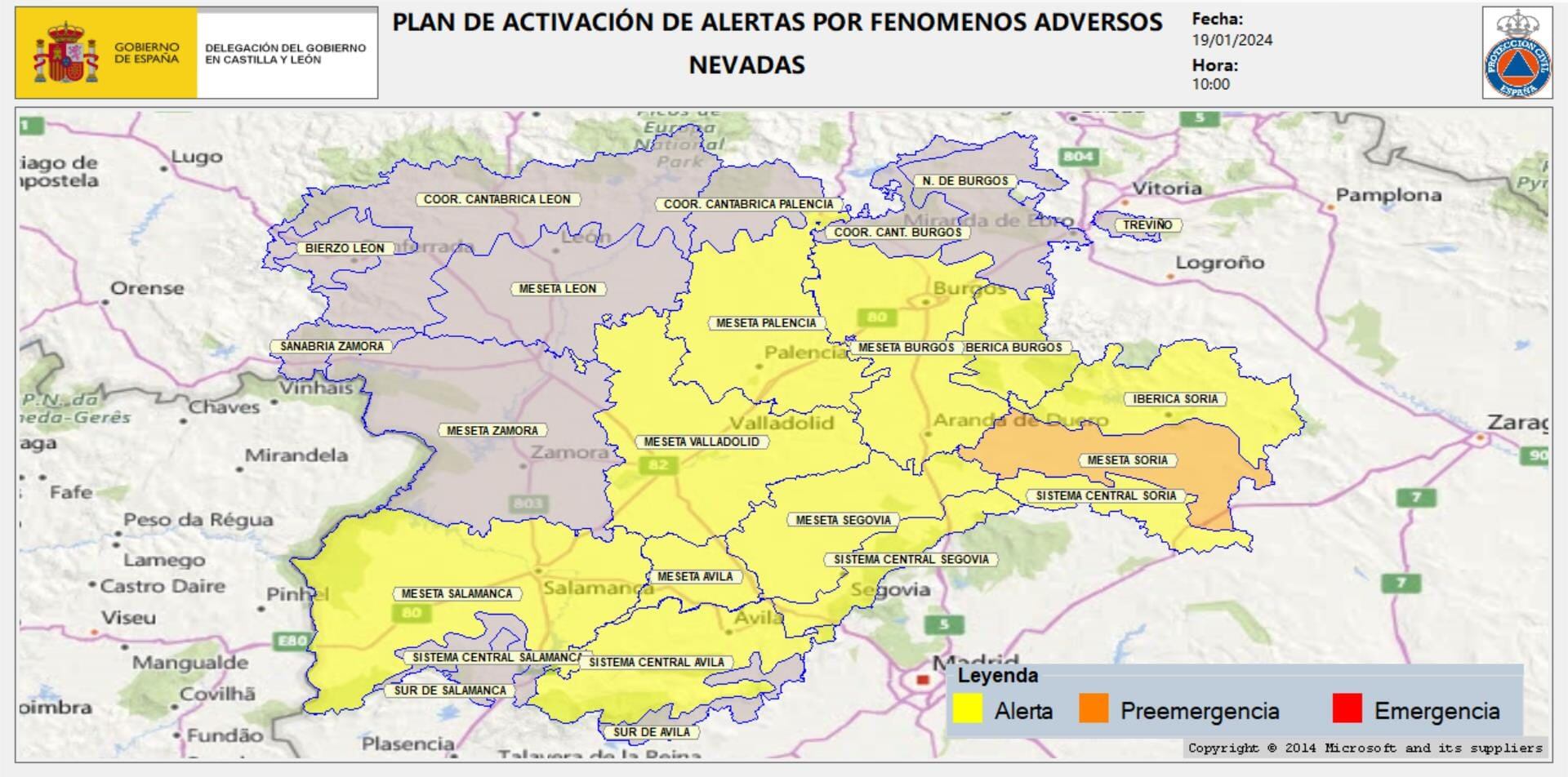 Mapa de alertas meteorológicas de Castilla y León a las 00:00 de 19 de enero de 2024