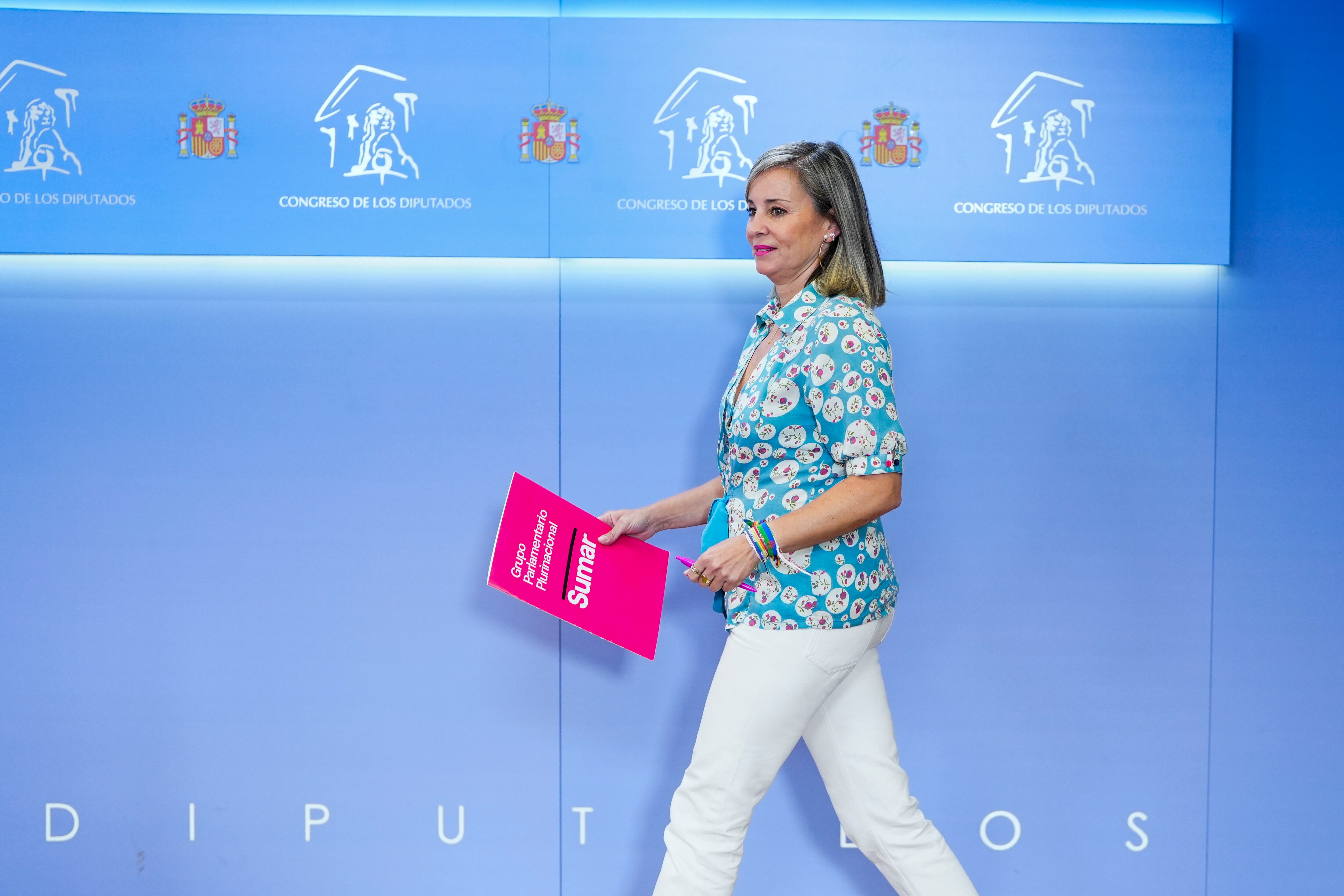 Verónica Martínez, portavoz de Sumar, ofrece una rueda de prensa con motivo de la reunión de la Junta de Portavoces en el Congreso en Madrid.