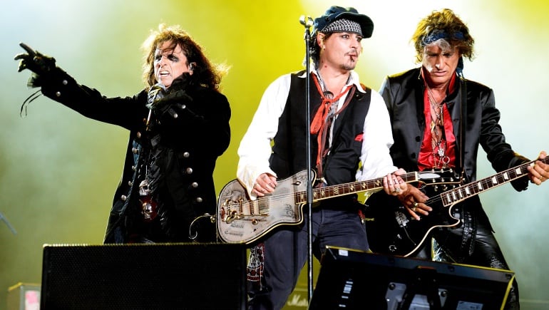 Alice Cooper, Johnny Depp y Joe Perry durante una actuación de los Hollywood Vampires en Brasil