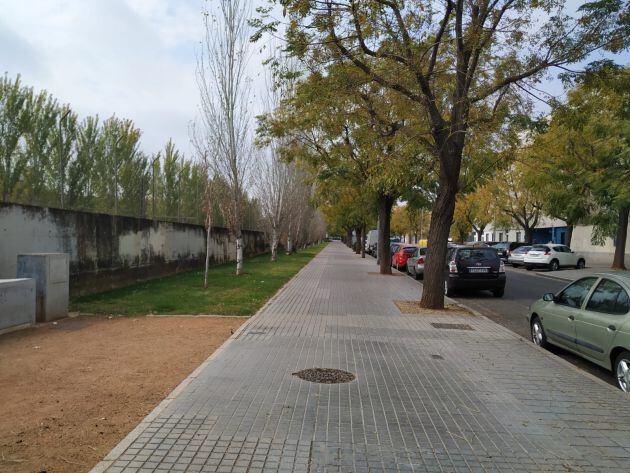 Vista de la calle Pedroche. A la izquierda de la imagen se encuentran los muros que separan la zona peatonal de las vías del tren.