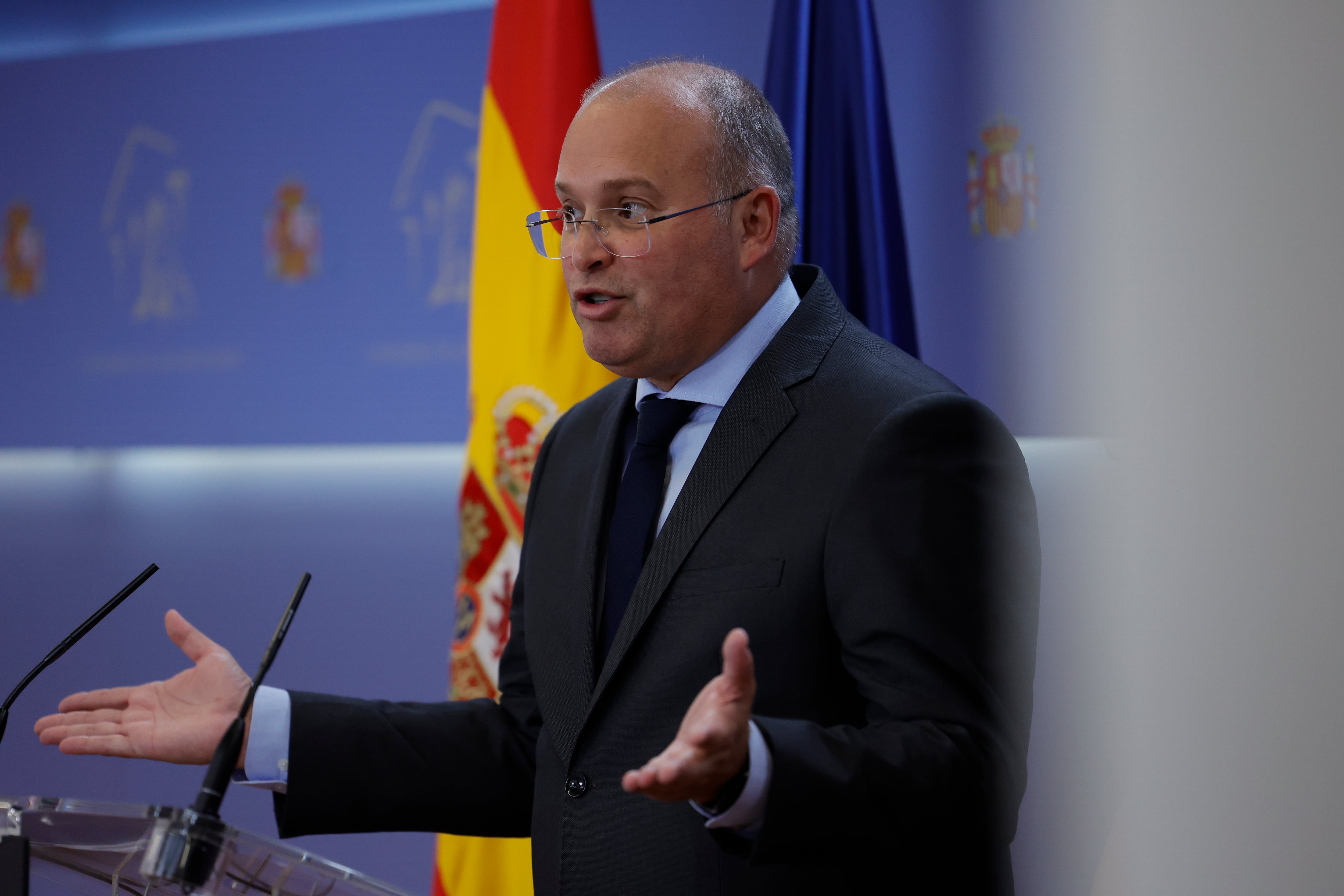 El portavoz del PP, Miguel Tellado, este martes durante una rueda de prensa en el Congreso.