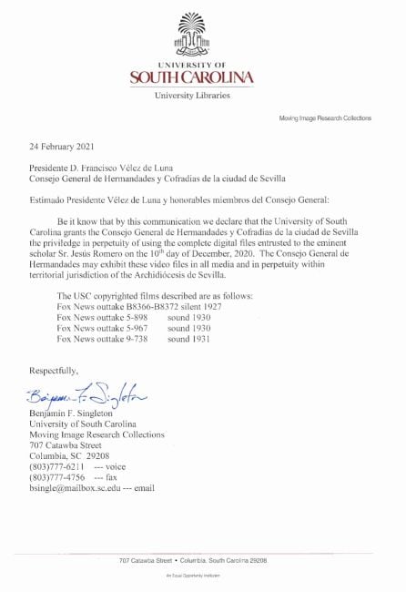 Documento de la cesión de los derechos de la película de la FOX otorgado por la Universidad de Carolina del Sur