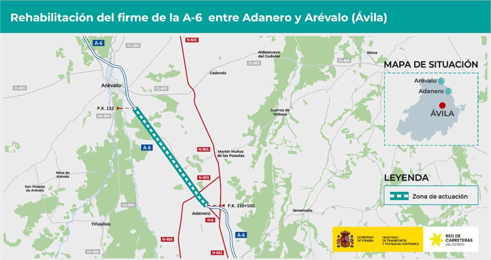 Mapa renovación firme A6 entre Adanero y Arévalo