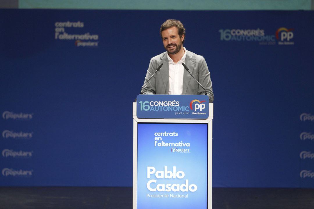 El presidente del PP, Pablo Casado, durante el XIV congreso del PP de Baleares, este domingo, en Mallorca.