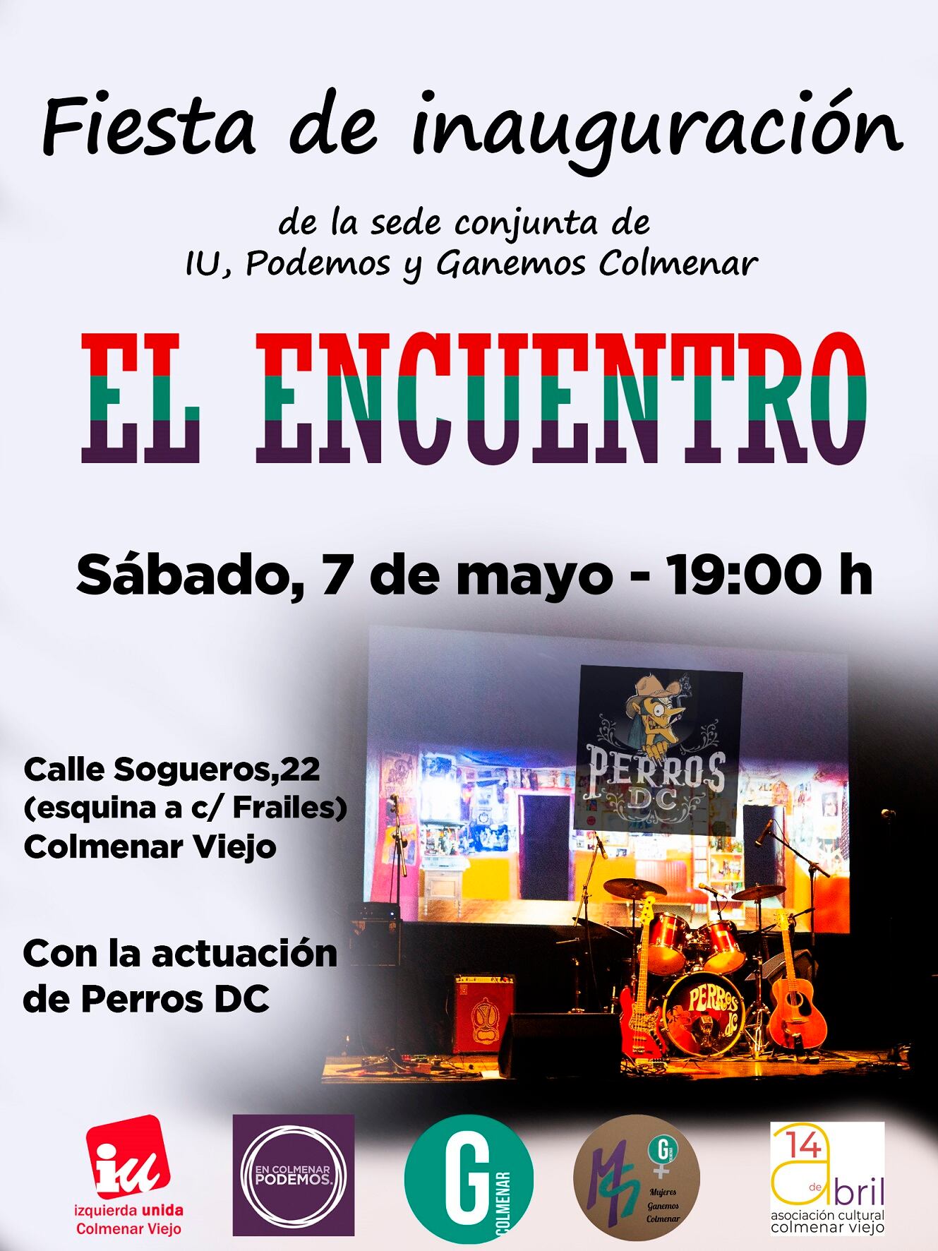 Cartel de la fiesta de inauguración de la sede conjunta de IU, Podemos y Ganemos en Colmenar Viejo