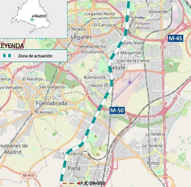 Plano de la zona de la A-42 donde se instalarán pantallas acústicas contra el ruido.