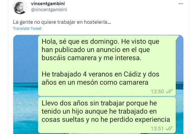 El tweet que recoge lo que le sucedió a una mujer al preguntar por una oferta de trabajo como camarera