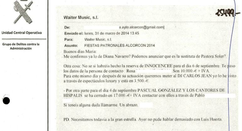 Correo electrónico en el que una funcionaria de Alcorcón informa a Waiter Music sobre detalles de un contrato que todavía no era público