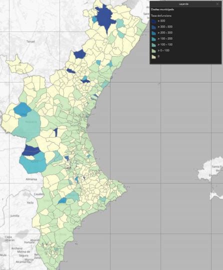Mapa de los municipios que registra mayores tasas de defunciones COVID