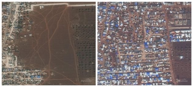 Comparativa de un campamento de desplazados en Idlib en 2017 (izq) y 2019 (dch)