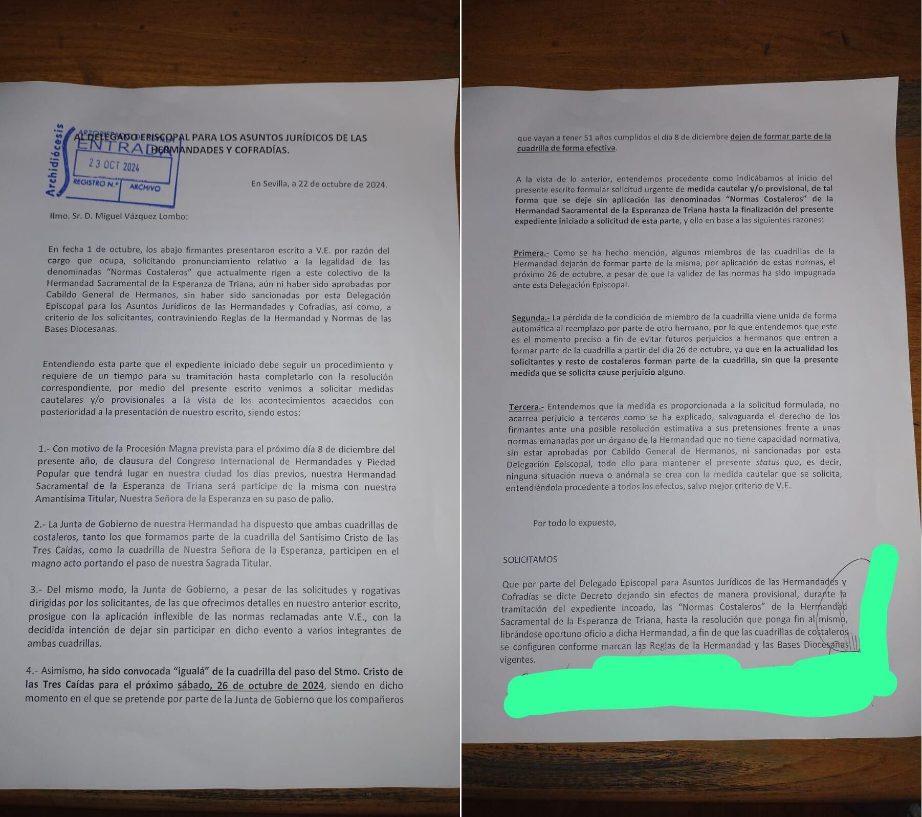 Escrito remitido a Palacio solicitando la suspensión cautelar de las normas de la Esperanza de Triana para con sus cuadrillas de costaleros