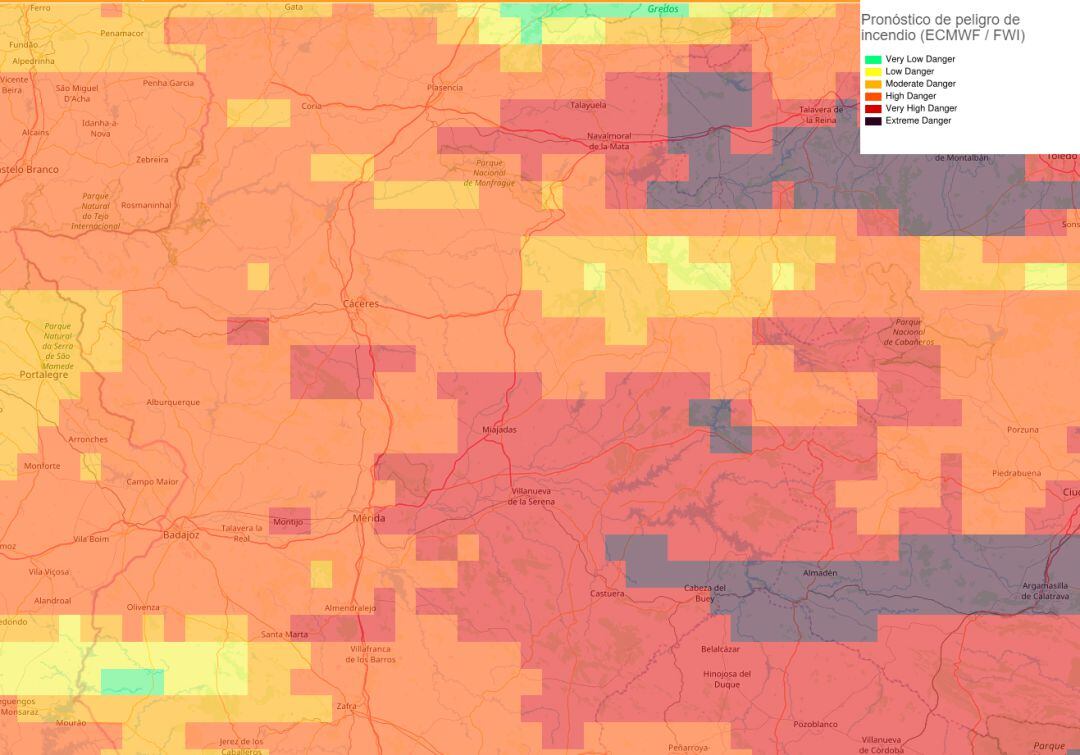 Previsión de peligro de Incendio forestal en Extremadura para el 4 de junio de 2020