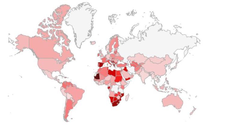 Gráfico sobre el paro previsto por la Organización Internacional del Trabajo en 2015 por países