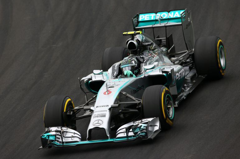 SAO PAULO, BRAZIL - NOVEMBER 08:  Nico Rosberg of Germany and Mercedes GP drives during final practice for the Brazilian Formula One Grand Prix at Autodromo Jose Carlos Pace on November 8, 2014 in Sao Paulo, Brazil.  (Photo by Clive Mason/Getty Images)