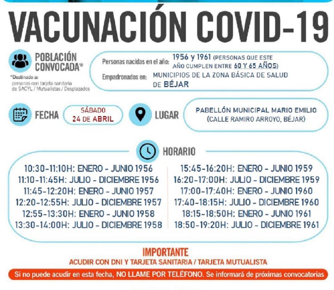 Información de la campaña de vacunación del sábado, en Béjar
