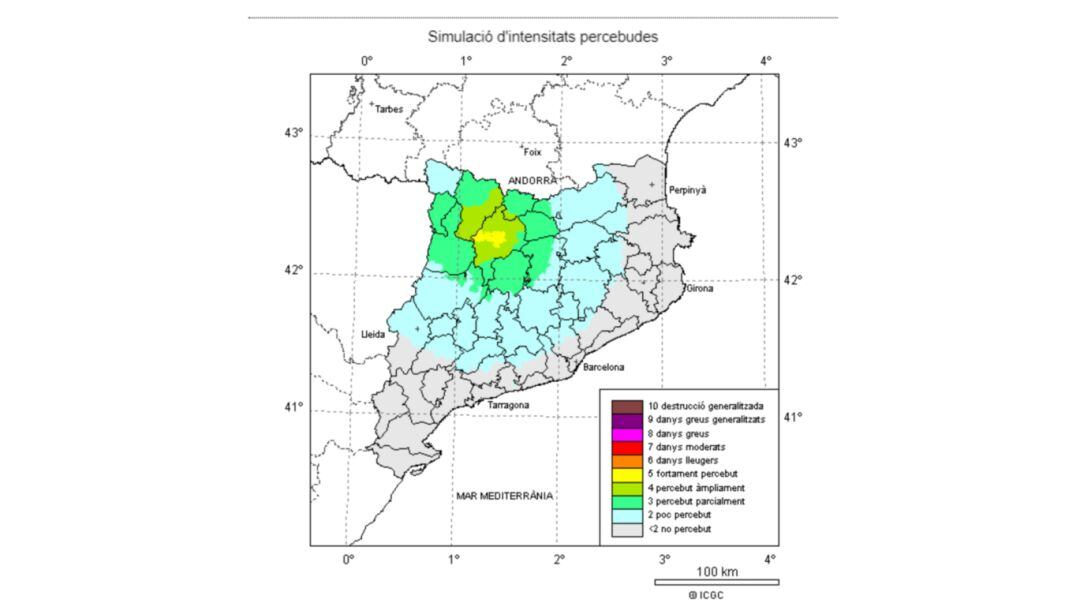 Mapa de l&#039;Institut Cartogràfic i Geològic de Catalunya que muestra una simulación de intensidades percibidas