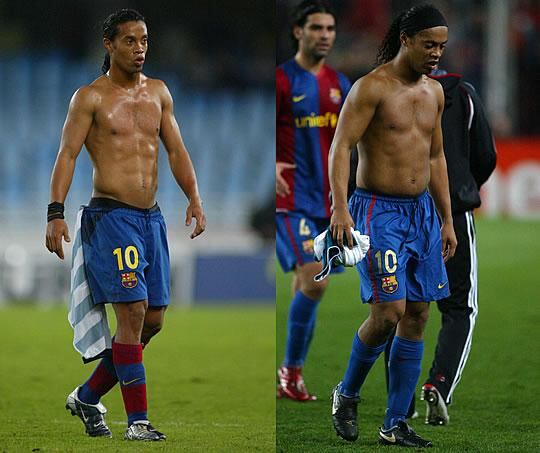 En las imágenes, una foto de Ronaldinho en su primer año en el Barça (noviembre de 2003) y otra de febrero de este año, cuando se le comenzó a acusar de sobrepeso.