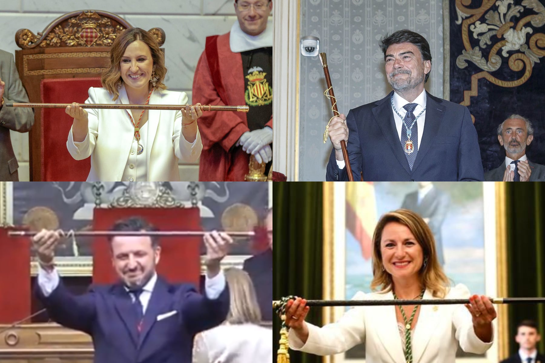 La alcaldesa de València, María José Catalá, el alcalde de Alicante, Luis Barcala, el alcalde de Elche, Pablo Ruz, y la alcaldesa de Castelló, Begoña Carrasco, este sábado en sus tomas de posesión.